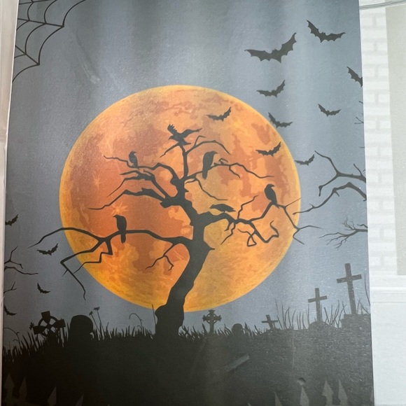 Halloween Harvest Moon Fabric Shower Curtain Metal Hooks Graveyard Ravens Bats - Picture 7 of 8